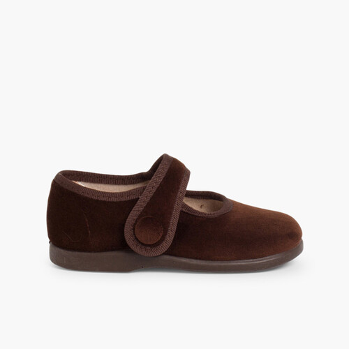 Girls Velvet Mary Janes with loop fasteners Button  Brown