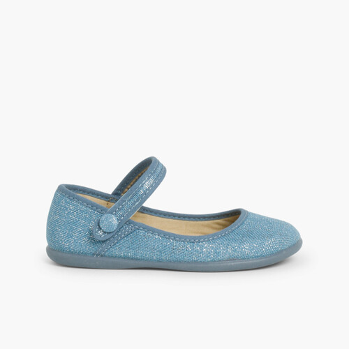 Girls Metallic Linen Mary Janes with loop fasteners Deep Blue