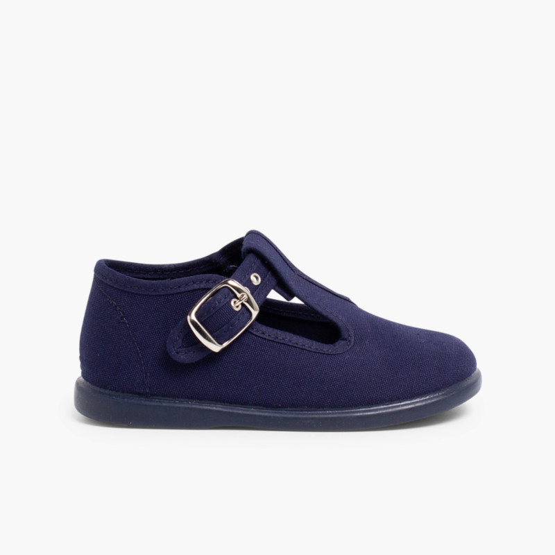 Canvas Buckle Up T-Bar Shoes Navy Blue