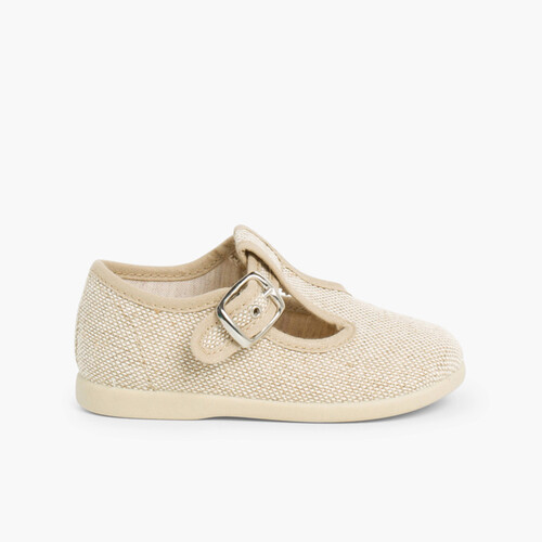 Boys Linen T-Bar Shoes with Buckle Linen