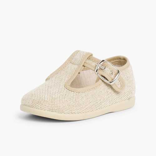 Boys Linen T-Bar Shoes with Buckle Linen