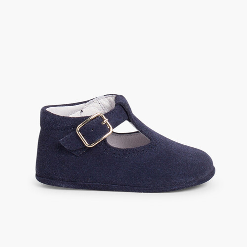 Suede T-Bar Shoes for babies with buckle Navy Blue