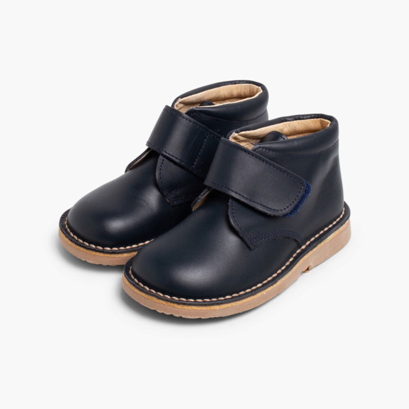 Leather School Boots with loop fasteners Navy Blue