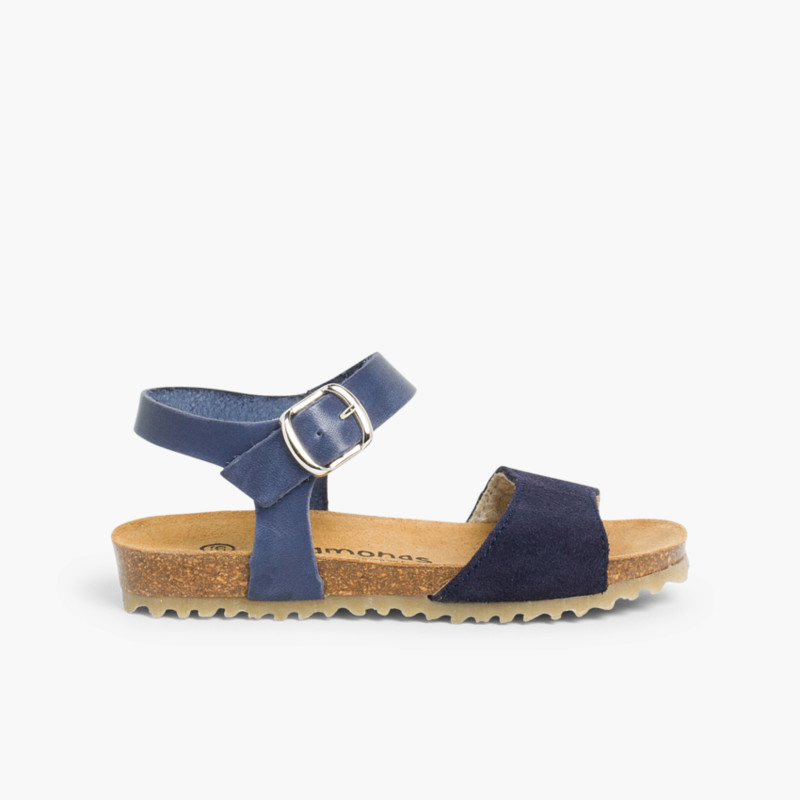 Leather and Suede Sandals with Buckles Navy Blue