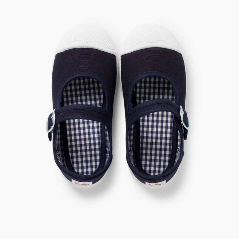 Girls Buckle Up Rubber Toe Cap Canvas Mary Janes Navy Blue
