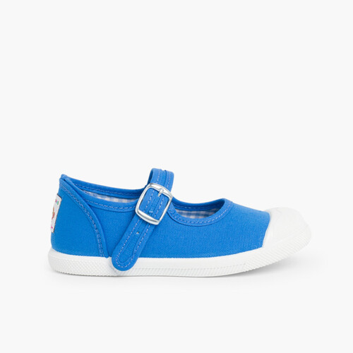 Girls Buckle Up Rubber Toe Cap Canvas Mary Janes Royal Blue
