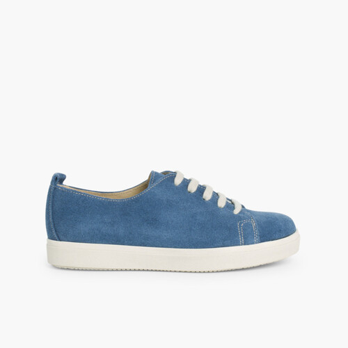 Split Leather Lace-up Trainers  Blue denim