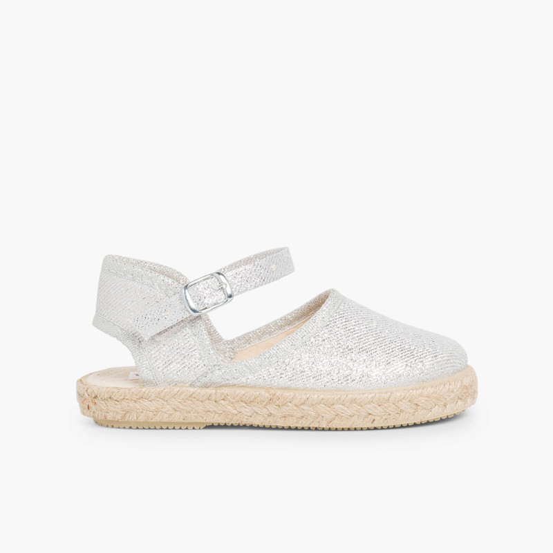 Girls Glitter Buckle Up Espadrille Wedge Silver