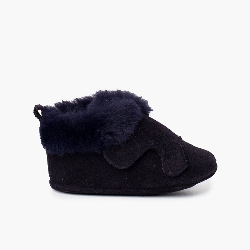 Suede baby booties fur lining Navy Blue