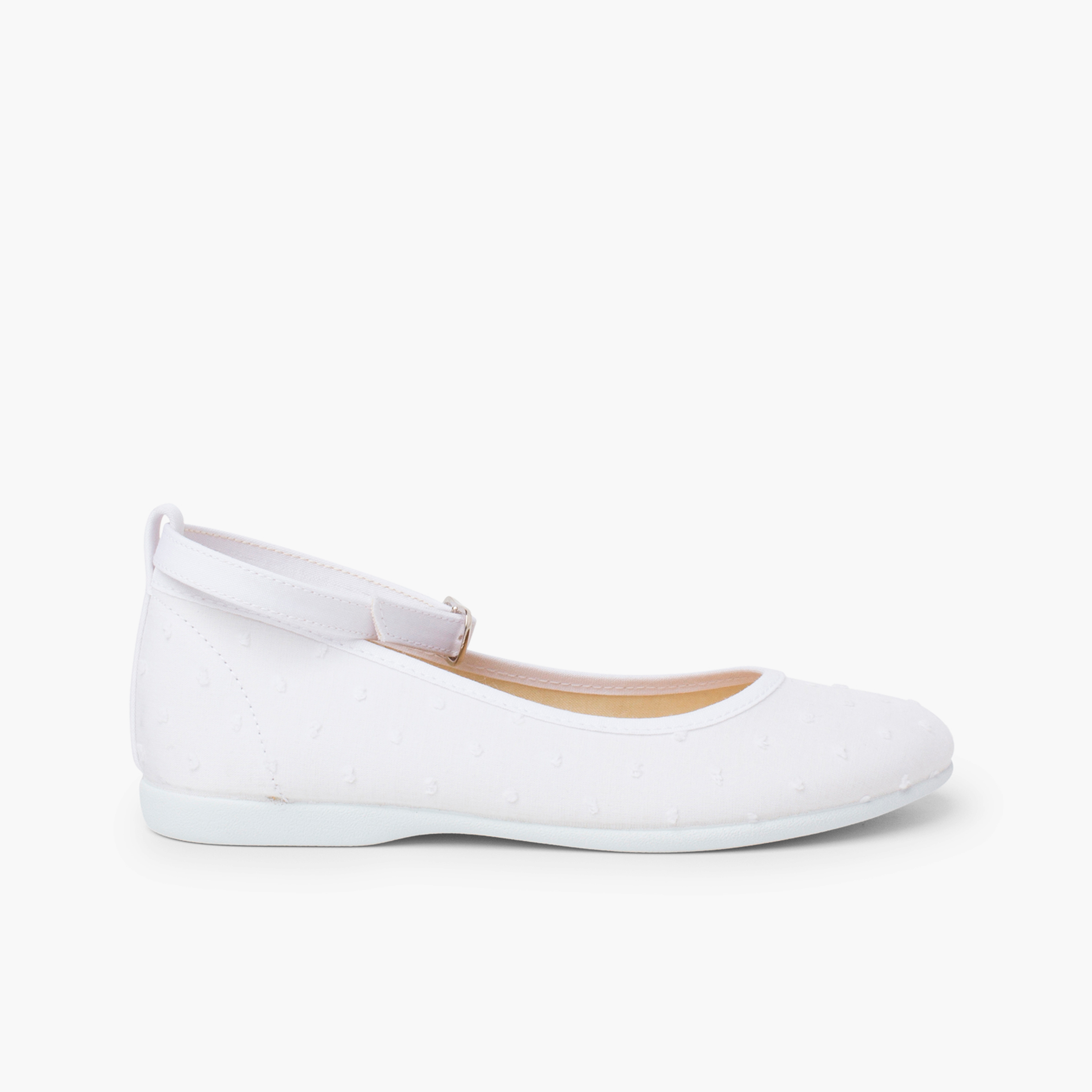 Plumetis Buckle Strap Girls Ballet Flats White