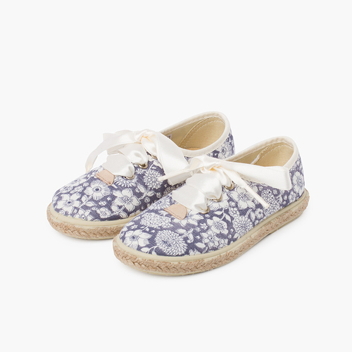 Flowers and Jute Blucher with Satin Laces Navy Blue