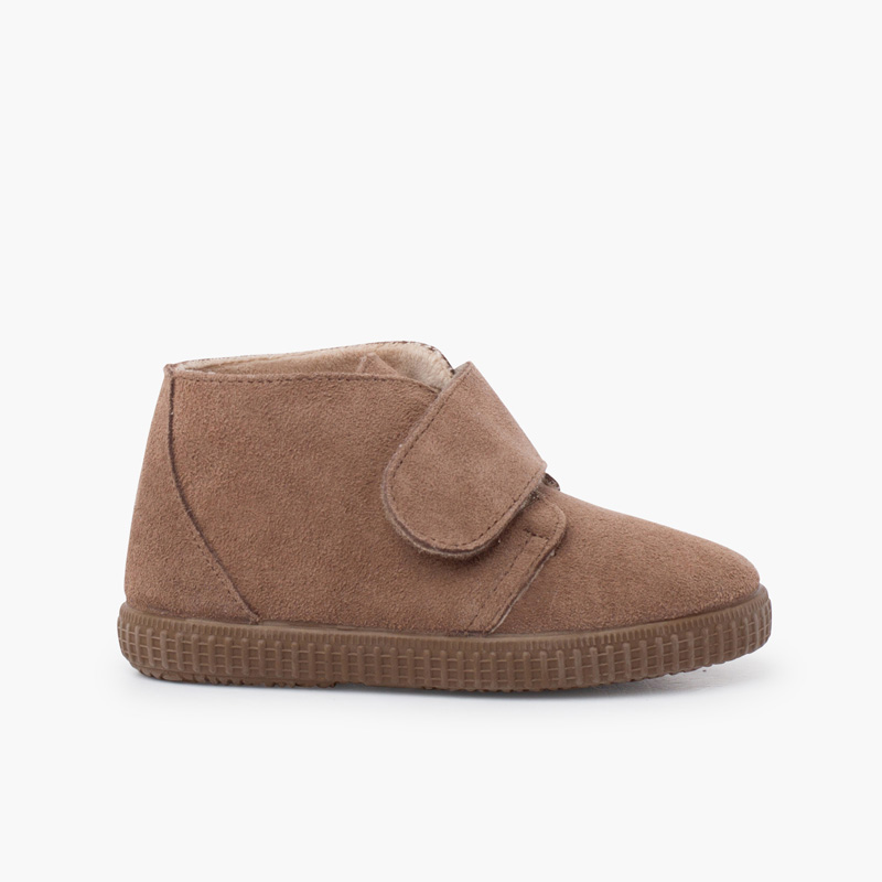 Furry adherent wide strap ankle boots Taupe