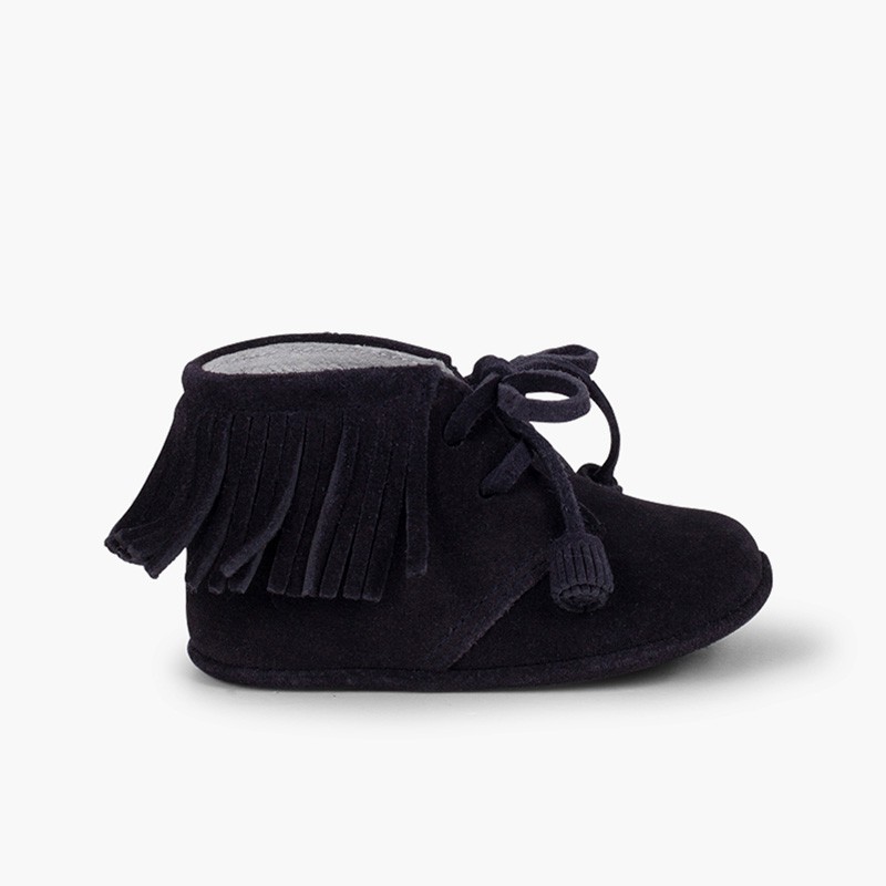 Baby Indian-style Boots with fringes and laces Navy Blue