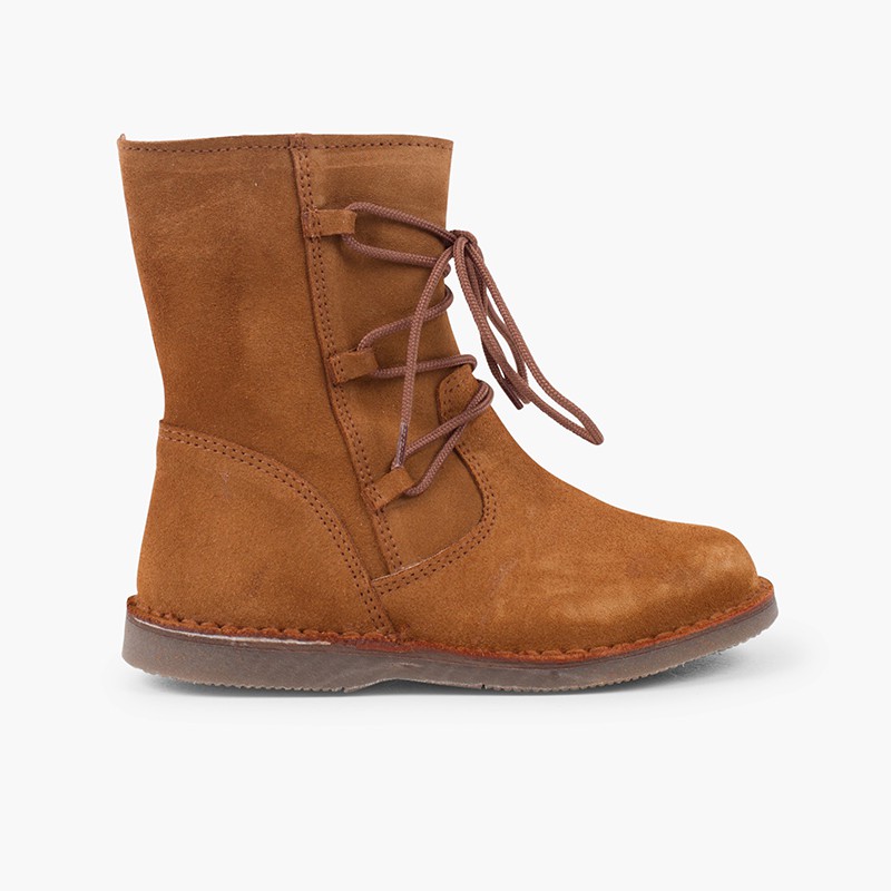 Girls Sheepskin Boots Criss-Cross Laces Zipper Camel