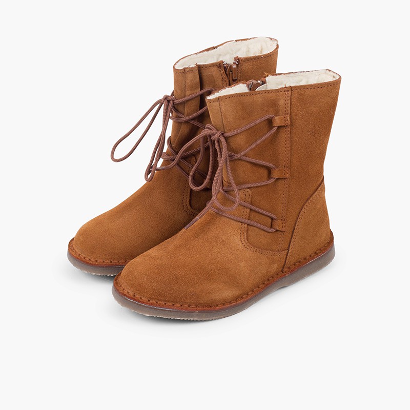 Girls Sheepskin Boots Criss-Cross Laces Zipper Camel