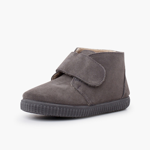 Furry adherent wide strap ankle boots Grey