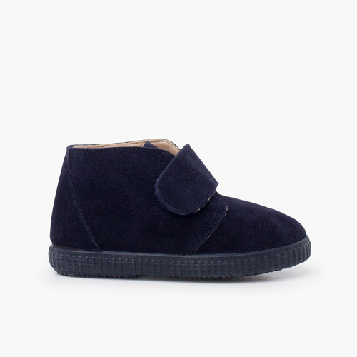 Furry adherent wide strap ankle boots Navy Blue