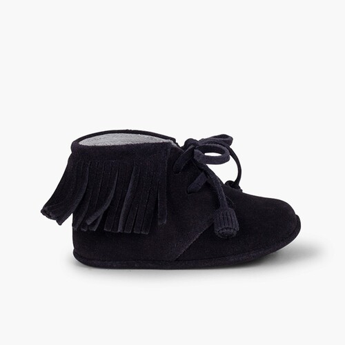 Baby Indian-style Boots with fringes and laces Navy Blue
