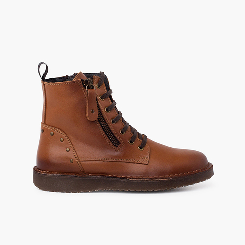 Leather and studded boots with double zip Camel