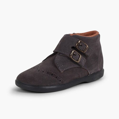 Suede and loop fasteners booties with decorative buckles Grey