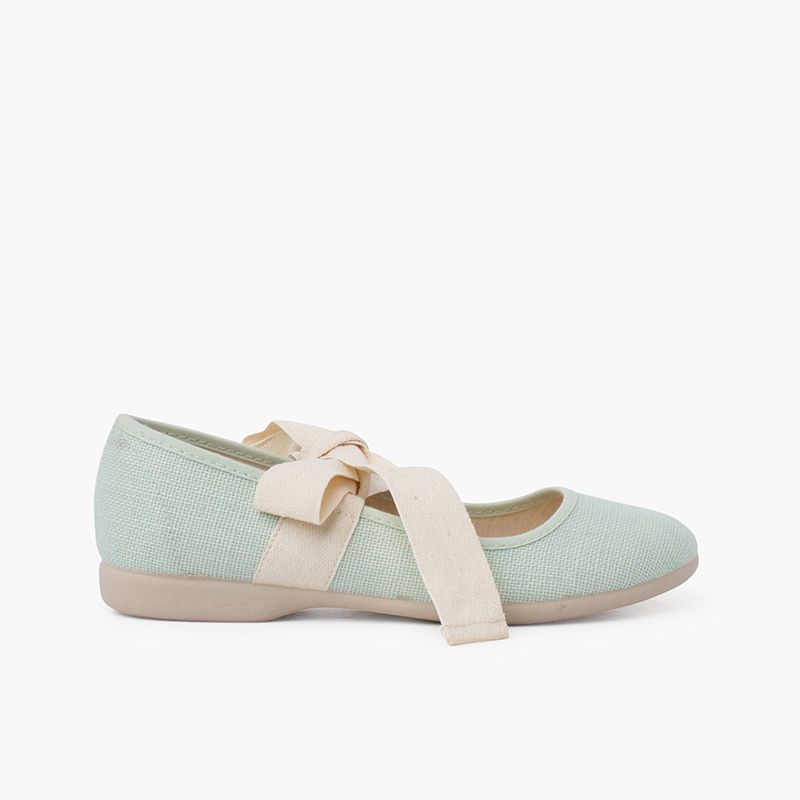 Linen Mary Janes With Beige Bow