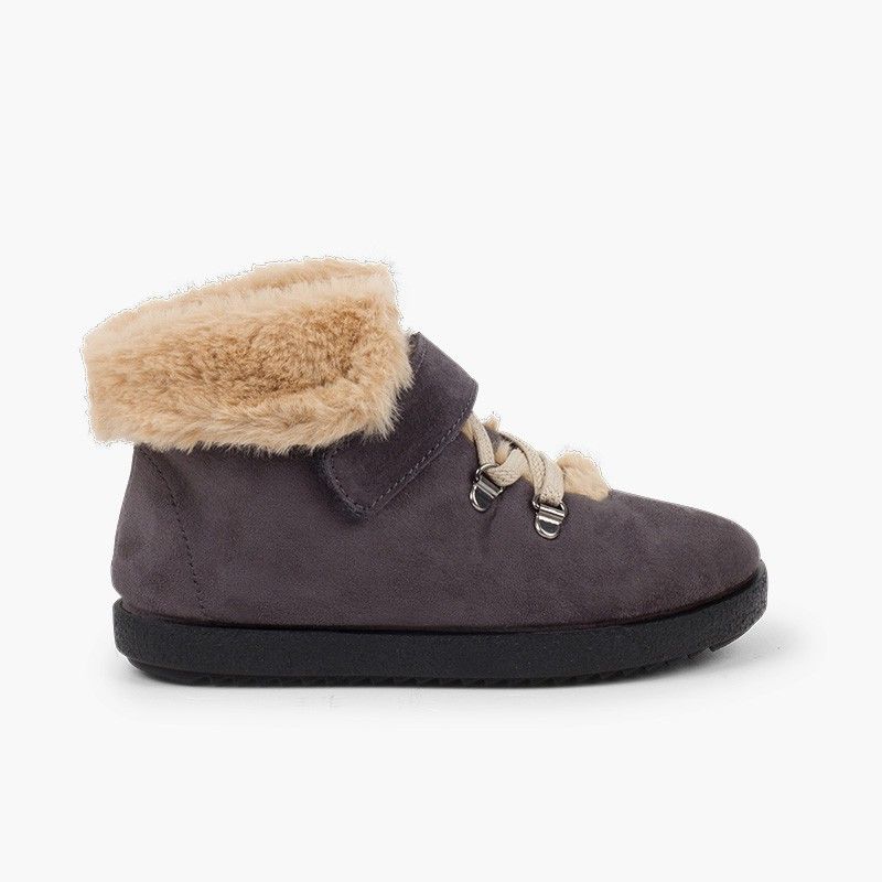 Girls fur boots with loop fasteners and chevron sole