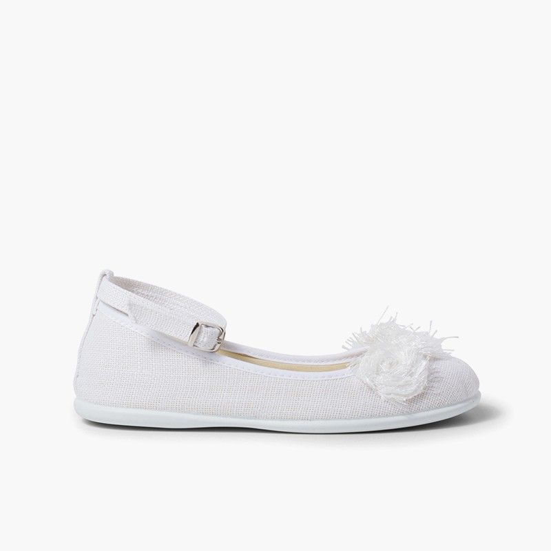 Linen ballet pumps with ankle strap and flower decoration