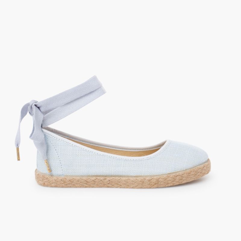 Girls´ linen ballet pumps with lace ribbon and jute sole 