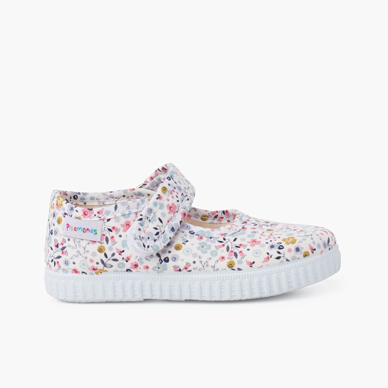 Flower print mary janes with riptape strap