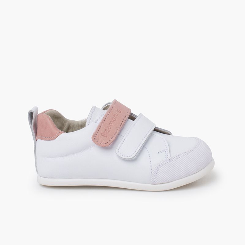Leather trainers with coloured double riptape fastening