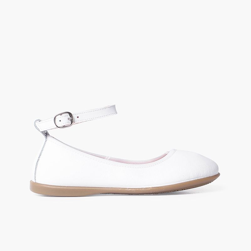 Elastic leather ballet pumps with ankle strap