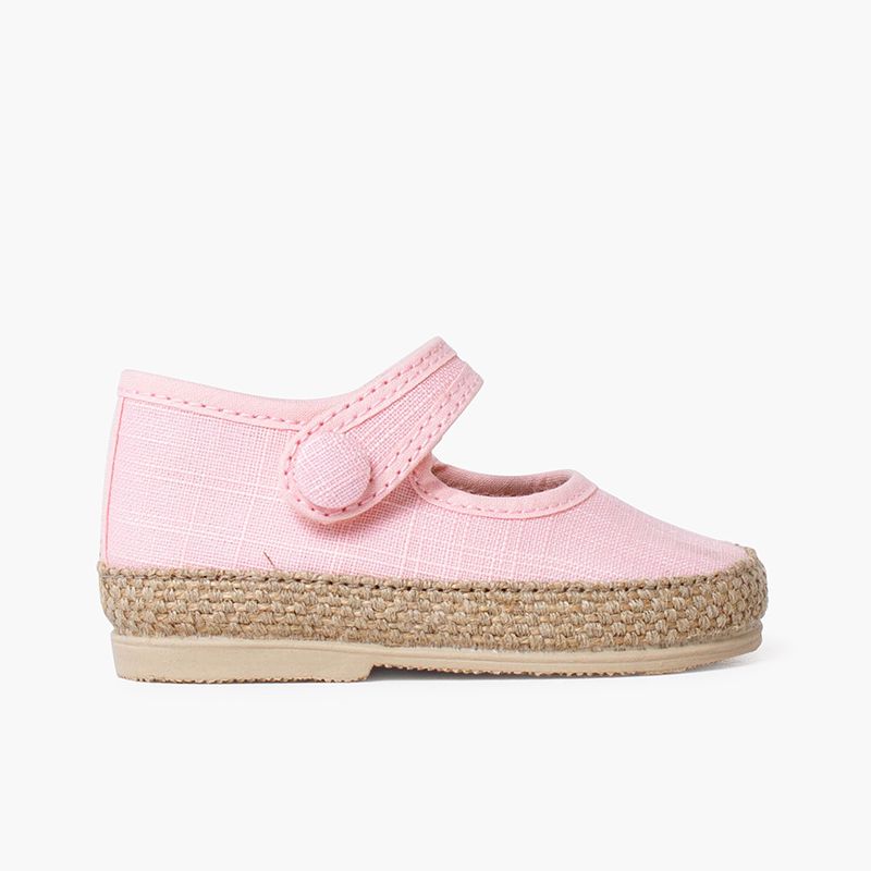 Baby linen and jute mary janes with button detail
