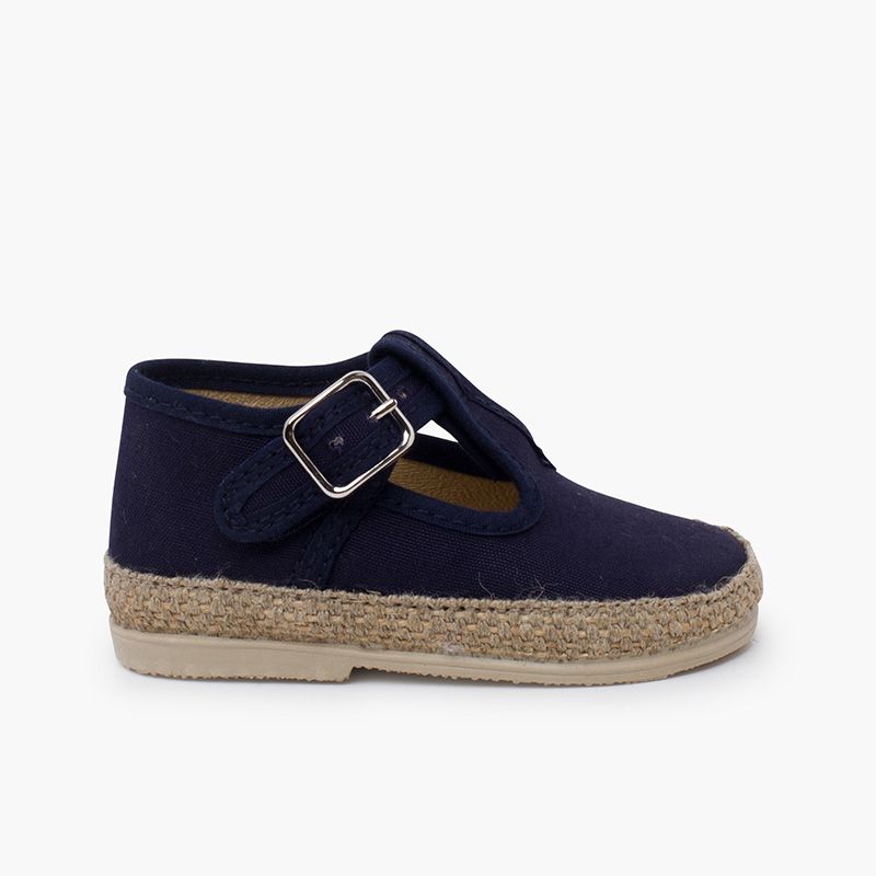 Linen and jute baby T-bar shoes with buckle fastening