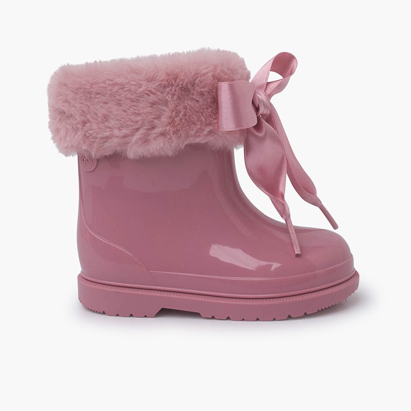 Satin bow and fur collar wellies