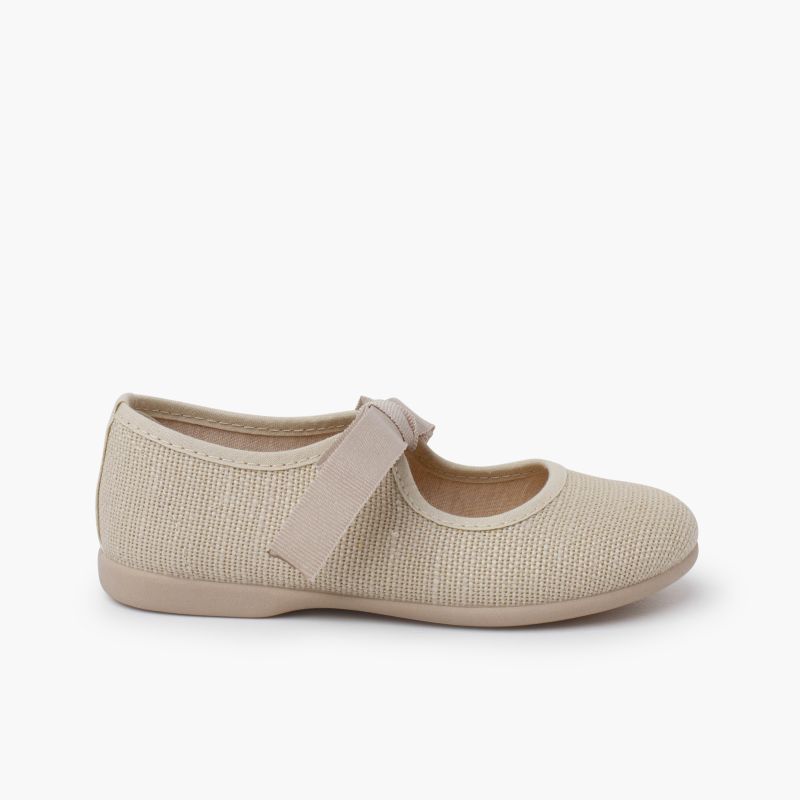 Linen Mary Janes with faille bow fastening
