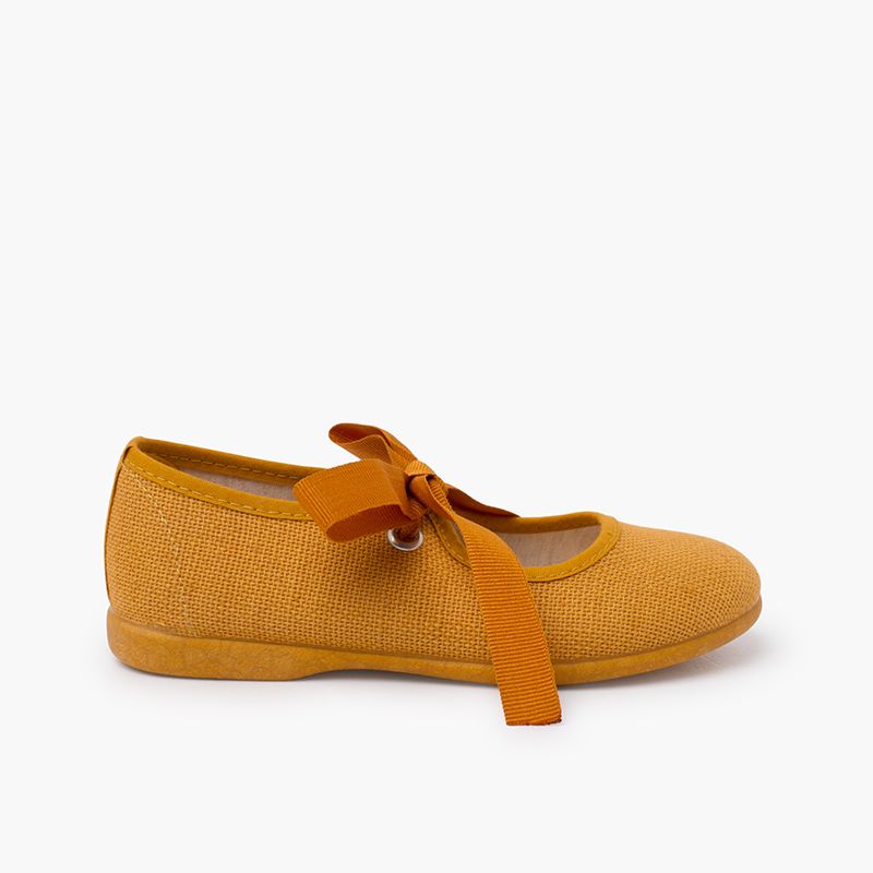 Linen Mary Janes with faille bow fastening