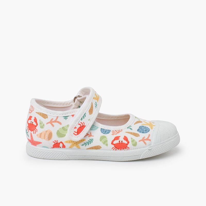 Printed Mary Janes rubber toe cap hook-and-loop closure