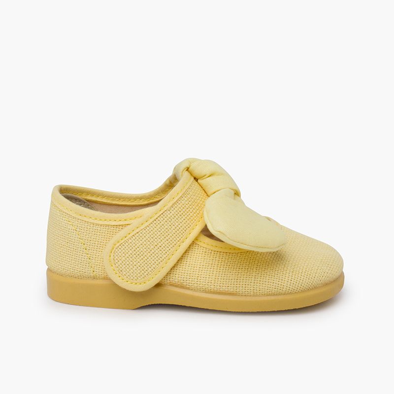 Linen mary janes with bow and hook-and-loop closure