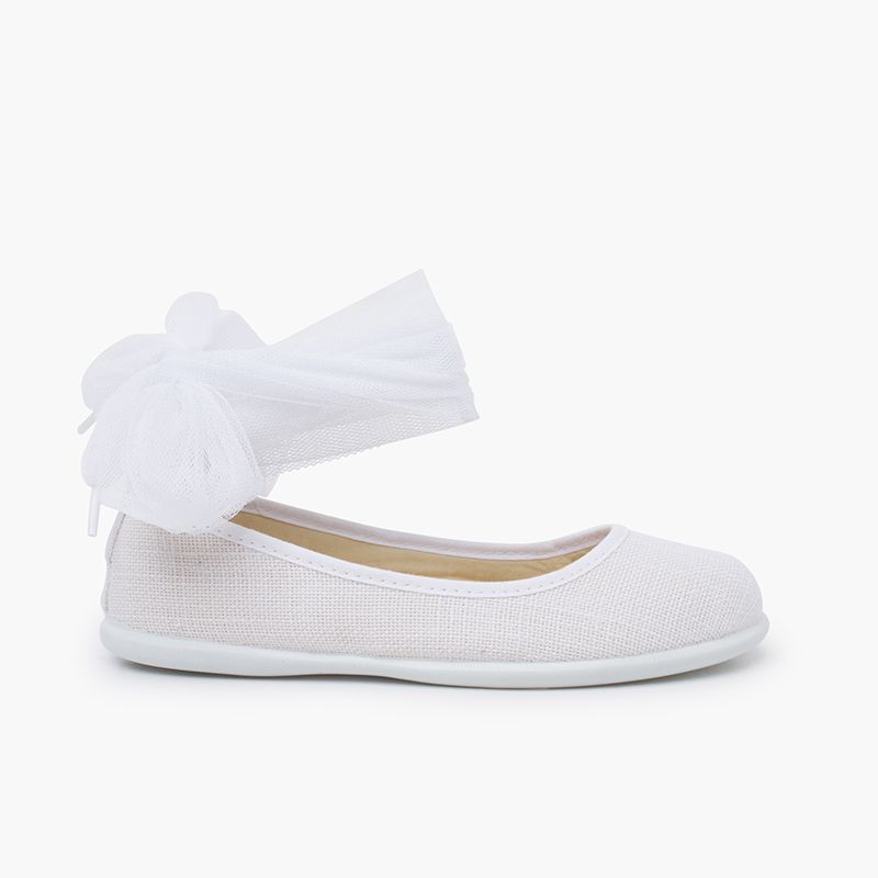 Linen ballet pumps ankle strap tulle bow