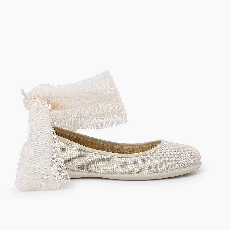 Linen ballet pumps ankle strap tulle bow