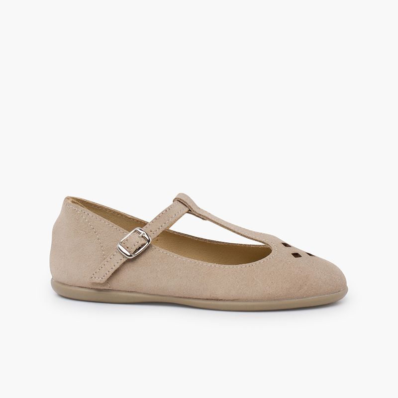 Perforated suede mary janes T-bar strap