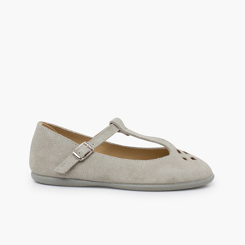 Perforated suede mary janes T-bar strap