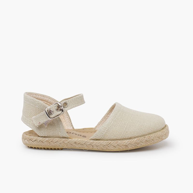Flat sole linen espadrilles buckle