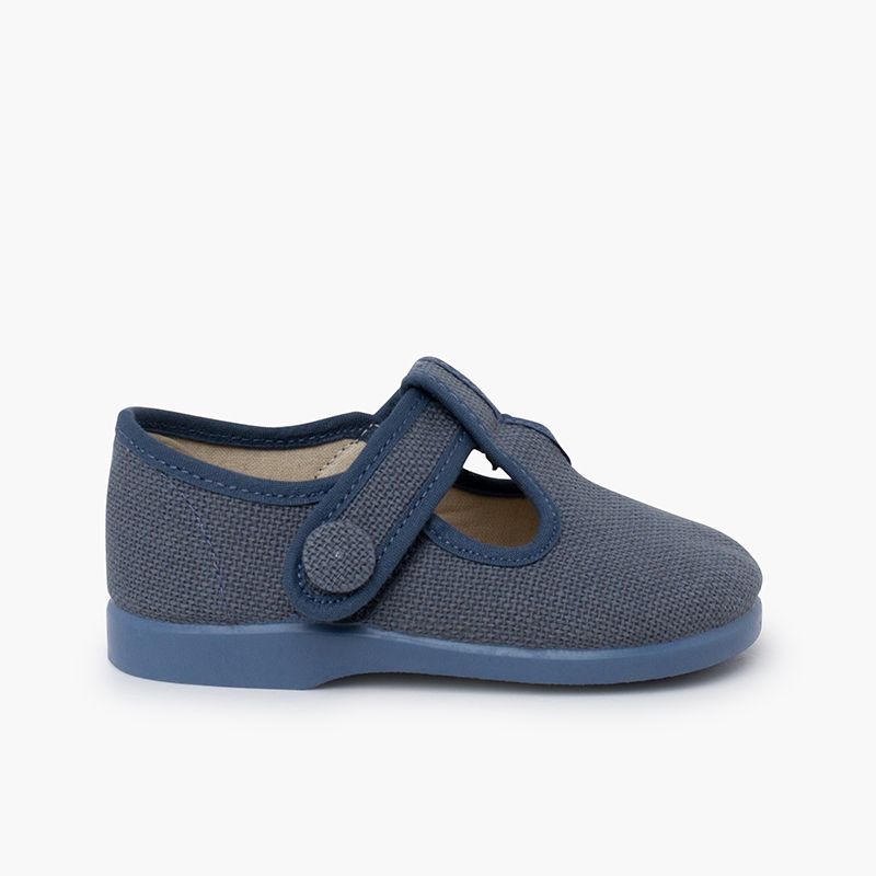 Linen T-bar shoes hook-and-loop fastening button