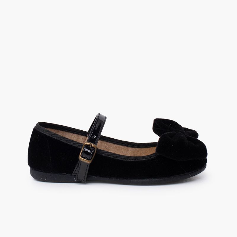 Velvet Mary Jane large bow patent strap