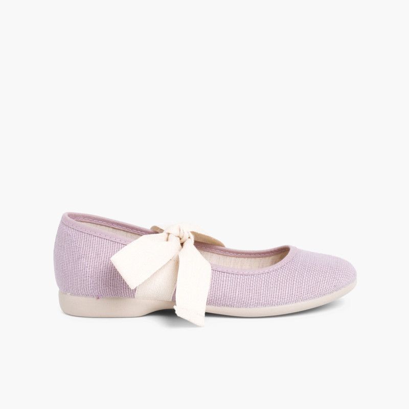 Linen Mary Janes With Beige Bow
