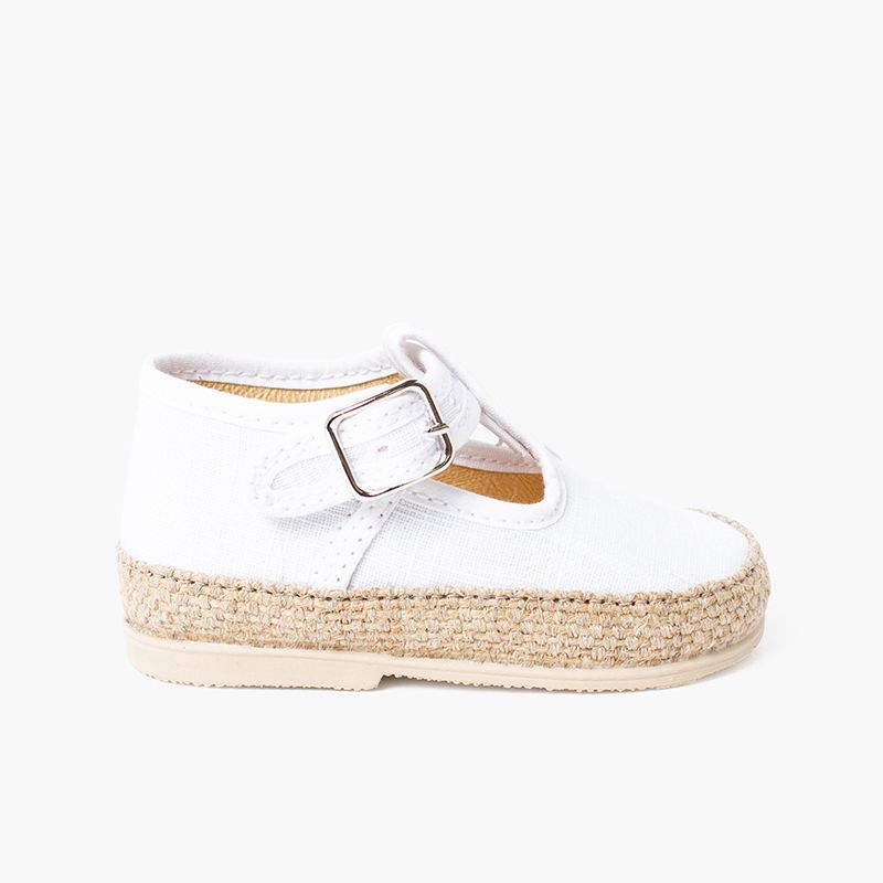 Linen and jute baby T-bar shoes with buckle fastening