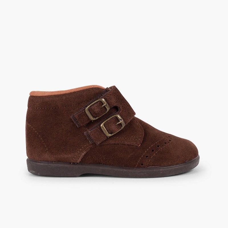 Suede and loop fasteners booties with decorative buckles