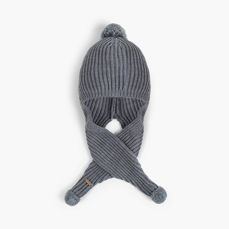 Beanie hat with scarf and pompoms