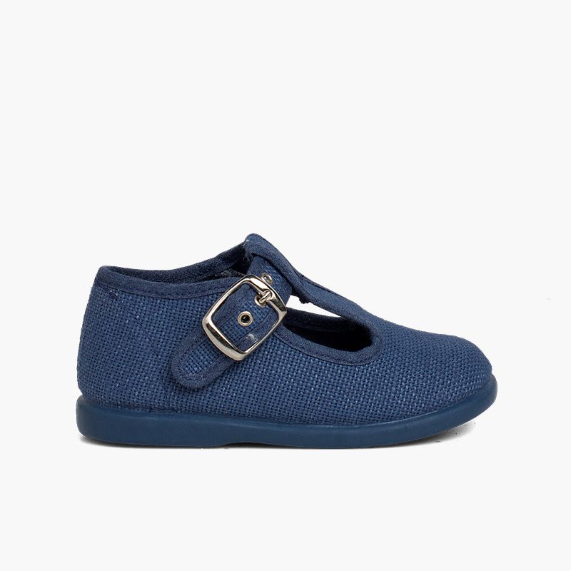 Boys Linen T-Bar Shoes with Buckle